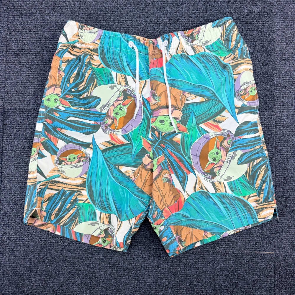 Star Wars Grogu Baby Yoda Tropical Swim Trunks Mens Sz S Teal Floral Mandalorian